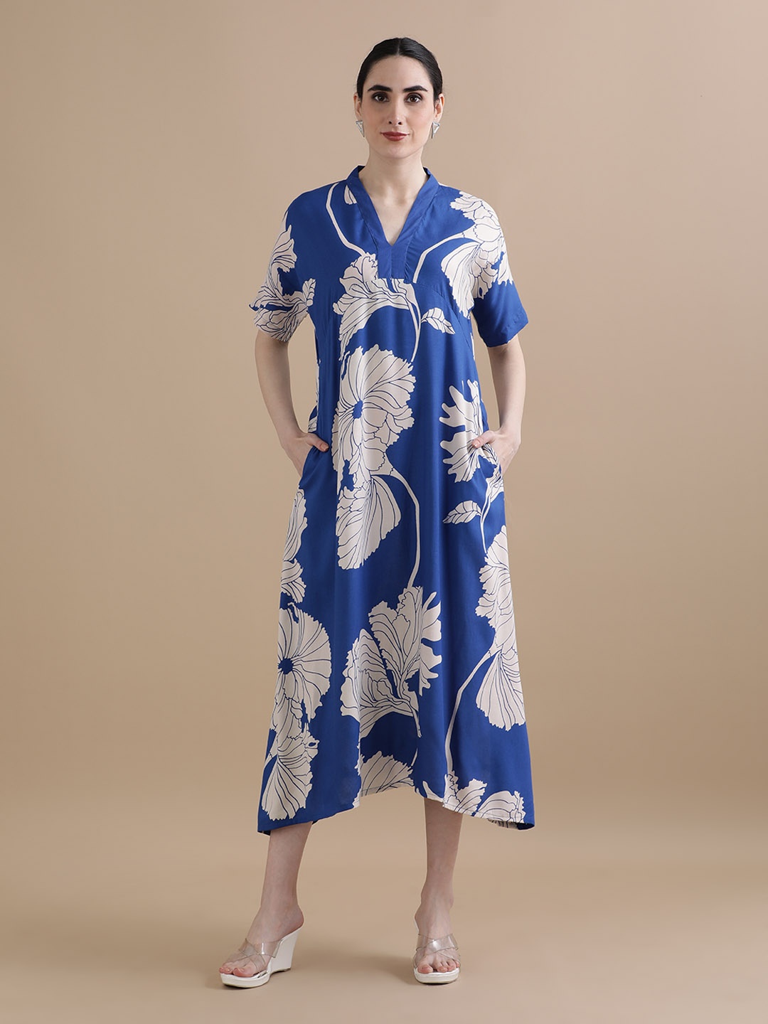 

BLACK & BLAH BLAH Relaxed Fit Floral Printed A-Line Midi Dress, Blue