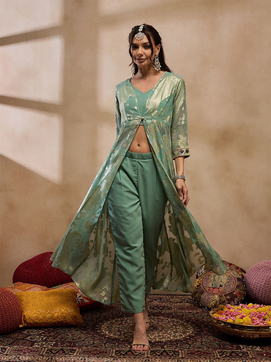 

MABISH by Sonal Jain V-Neck Embroidered Top with Trouser and Shrug, Sea green