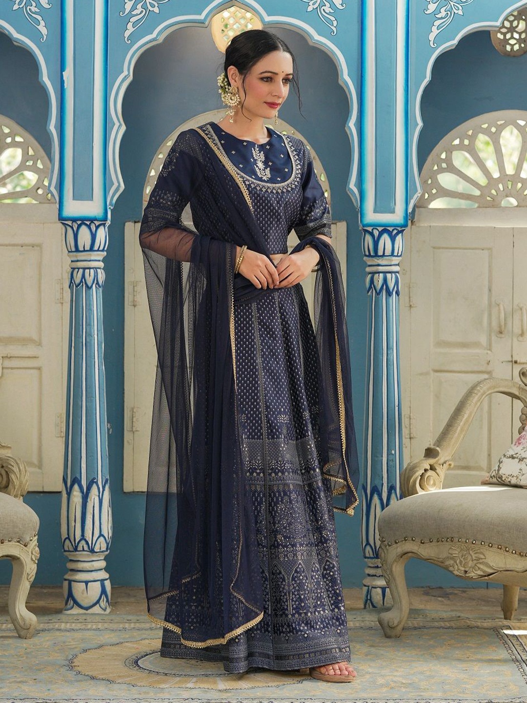 

Juniper Printed Ready to Wear Lehenga & Blouse With Dupatta, Navy blue