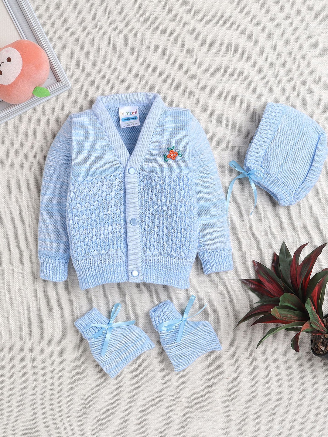 

BUMZEE Boys Embroidered Front-Open new Sweater With Cap & Socks, Blue
