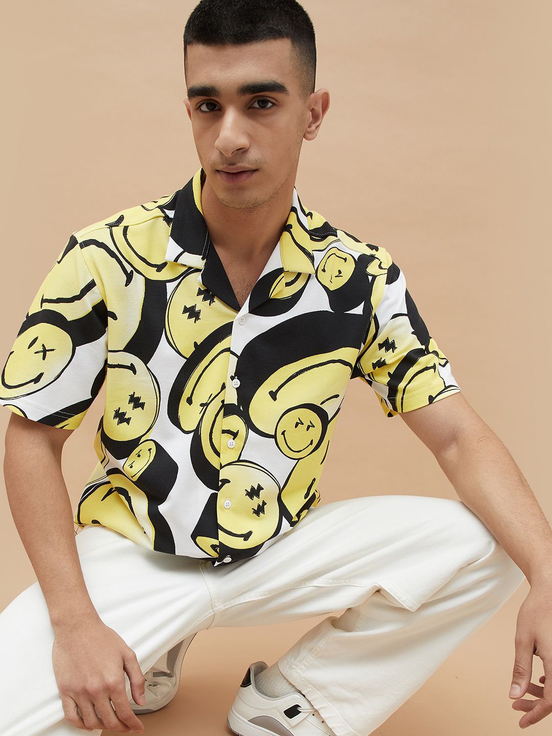 

SmileyWorld Men Cuban Collar Graphic Printed Cotton Casual Shirt, White