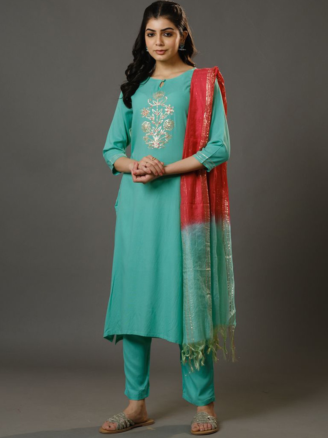 

Hassu's Women Ethnic Motifs Embroidered Kurta with Trousers & With Dupatta, Sea green