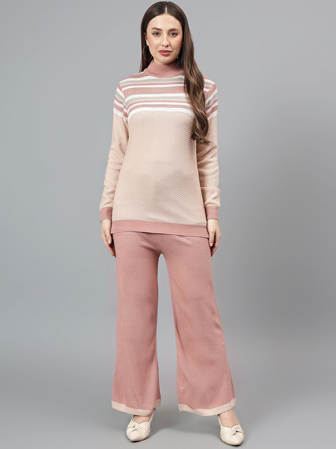 

Cantabil Woven Design High Neck Acrylic Sweater With Palazzo, Pink