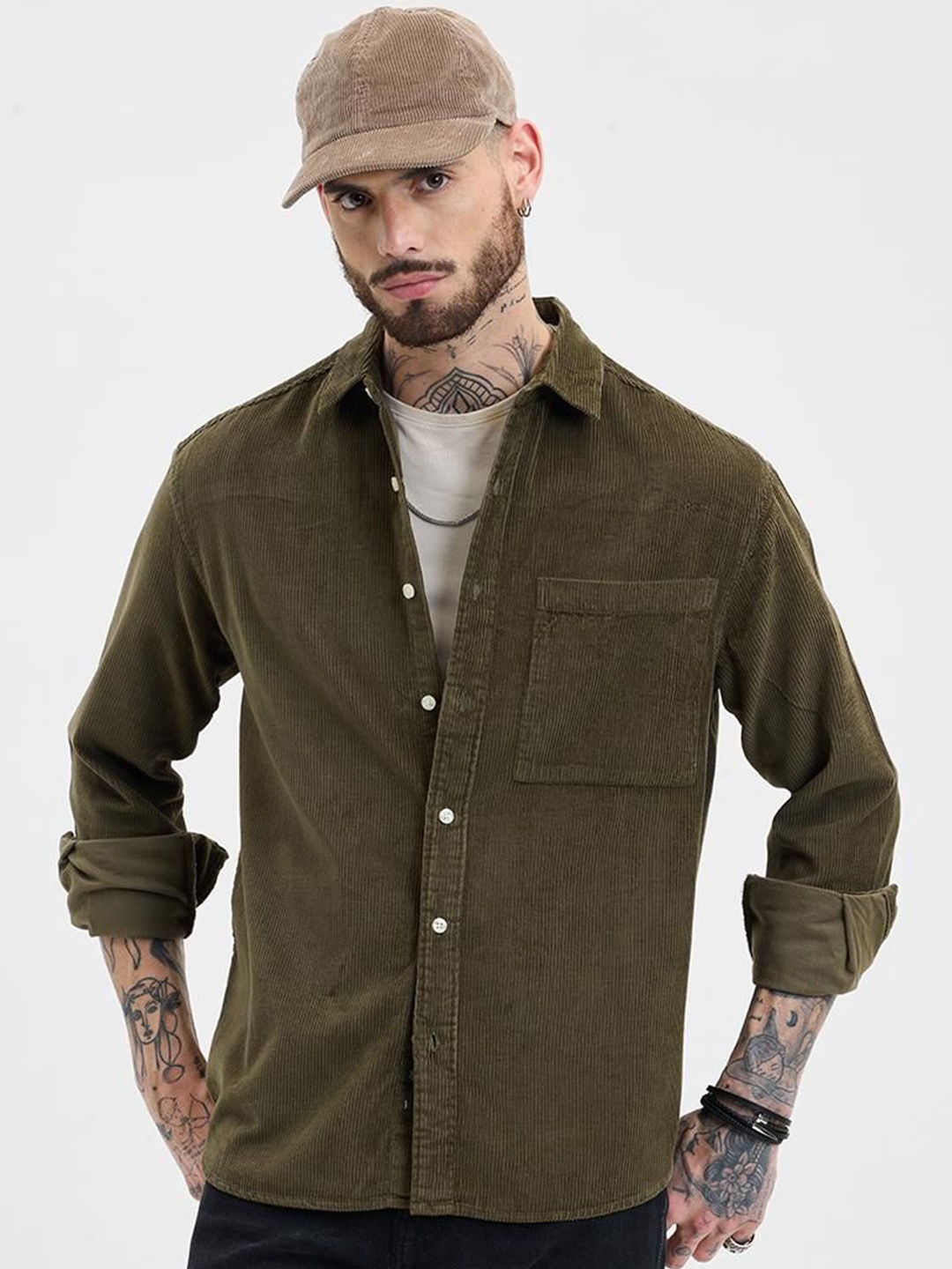 

Snitch Men Solid Spread Collar Pure Cotton Shackets, Olive