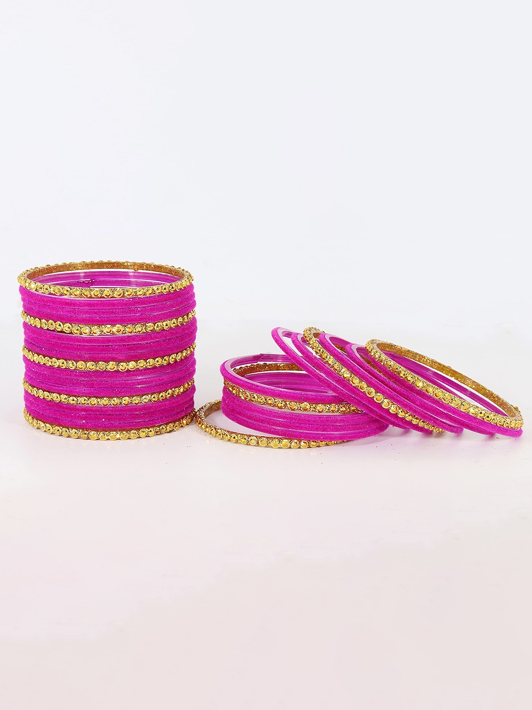 

ZULKA Set of 34 Glass & Golden Beads Velvet Bangle, Pink
