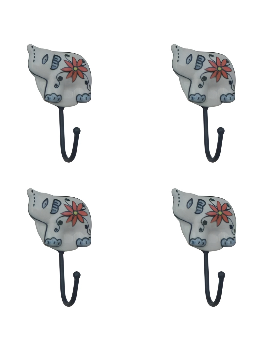 

IndianShelf White & Blue 4 Pieces Ceramic Elephant Key Wall Hooks