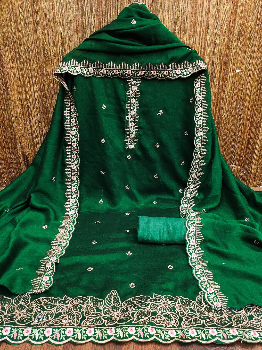 

Aika Floral Embroidered Pure Silk Unstitched Dress Material, Green