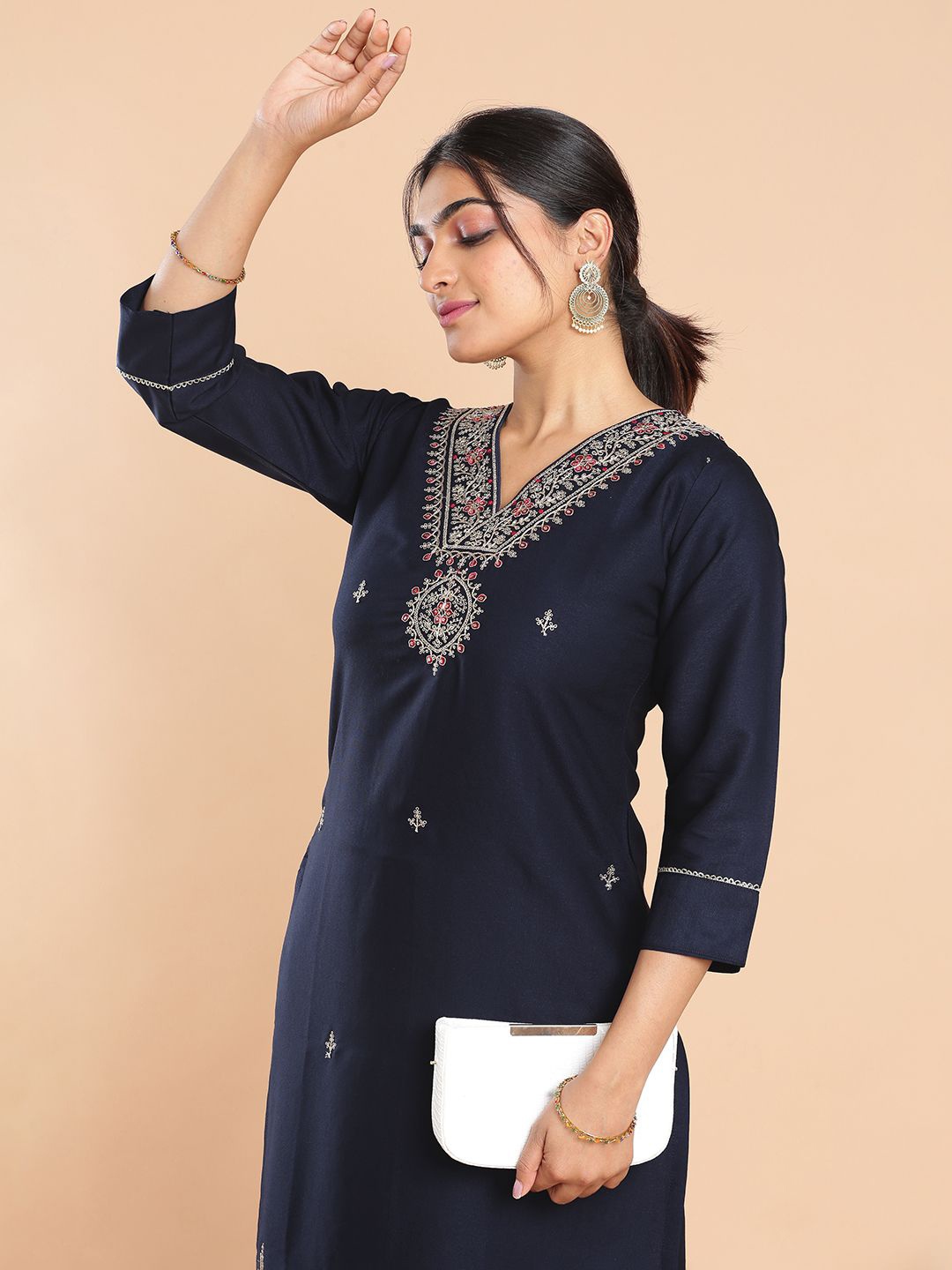 

Kalyan Silks Embroidered V-Neck Cotton Ethnic Straight Kurta, Navy blue