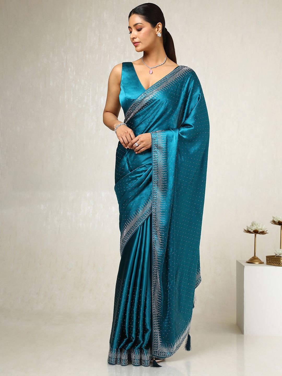 

Soch Embellished Beads and Stones Satin Saree, Teal