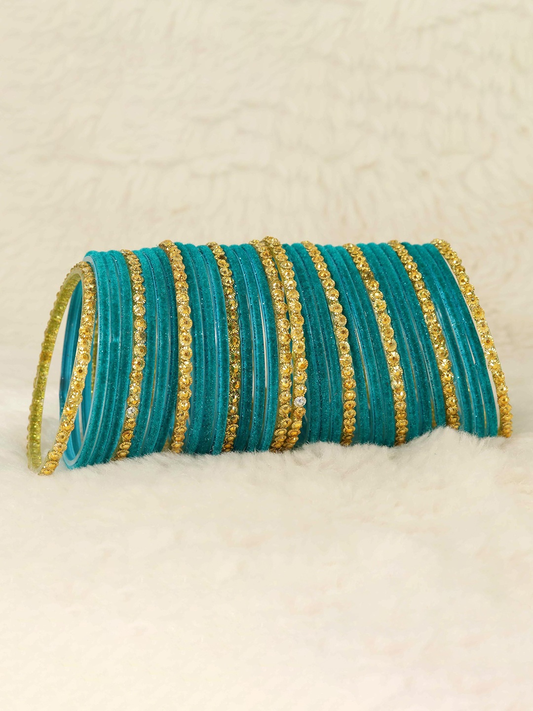 

Set of 34 Stylish Glass & Golden Beads Velvet Fancy Bangles, Teal