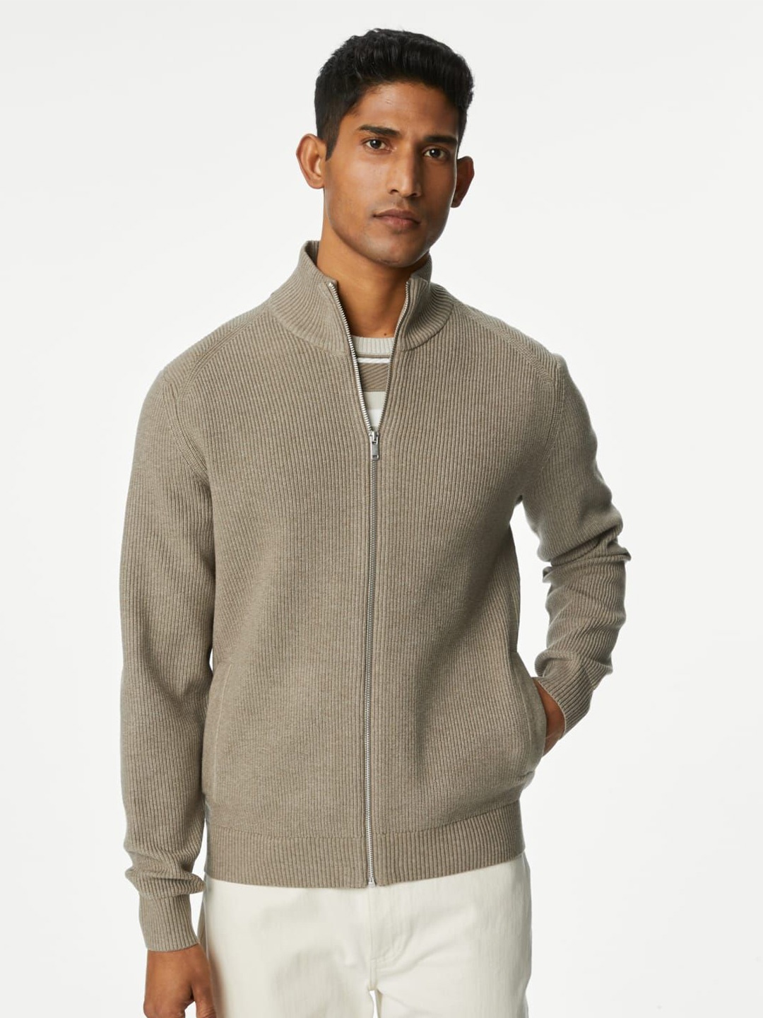 

Marks & Spencer Men Ribbed High Neck Sweater, Beige