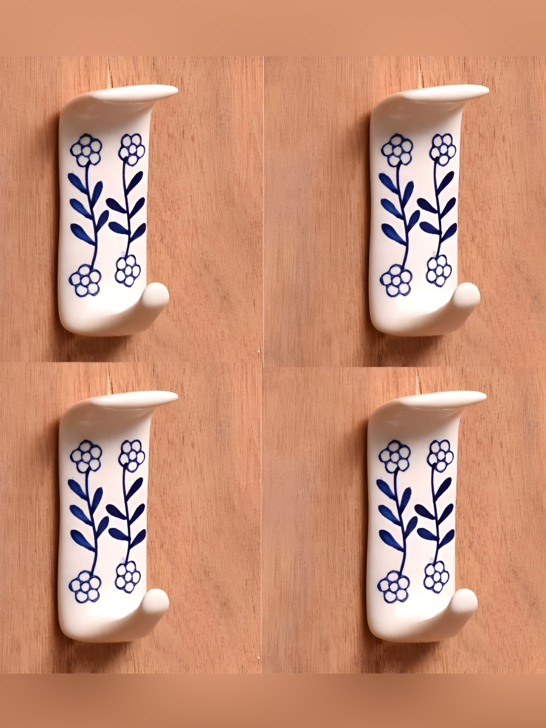 

IndianShelf White & Blue 4 Pieces Ceramic Floral Adhesive Wall Mounted Hooks