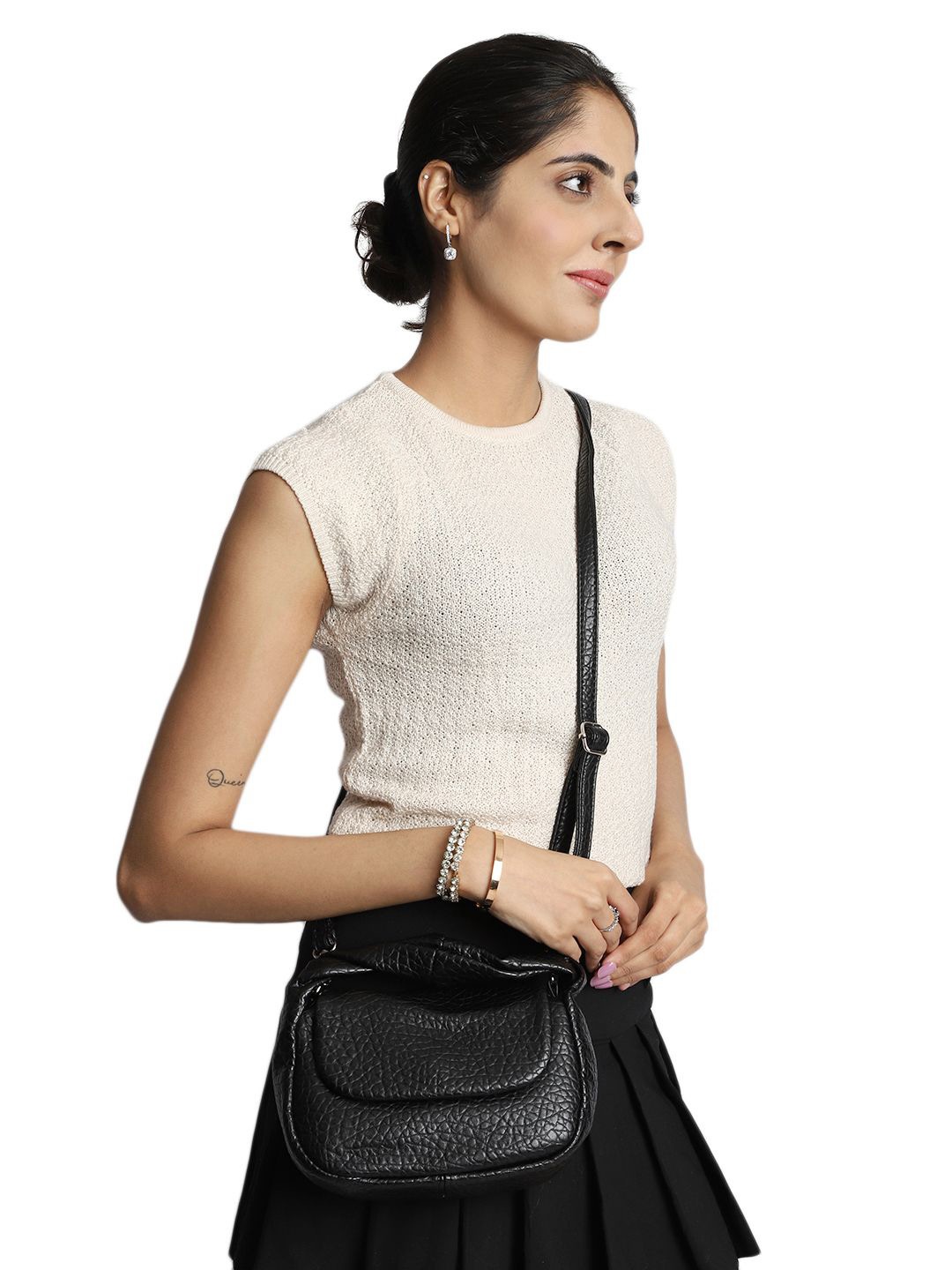 

MINI WESST Women Textured Structured Sling Bag, Black