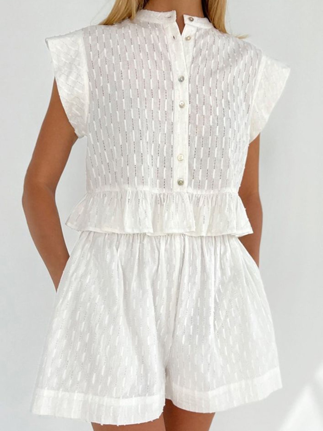

LULU & SKY Self Design Mandarin Collar Pure Cotton Top With Wide Shorts, White