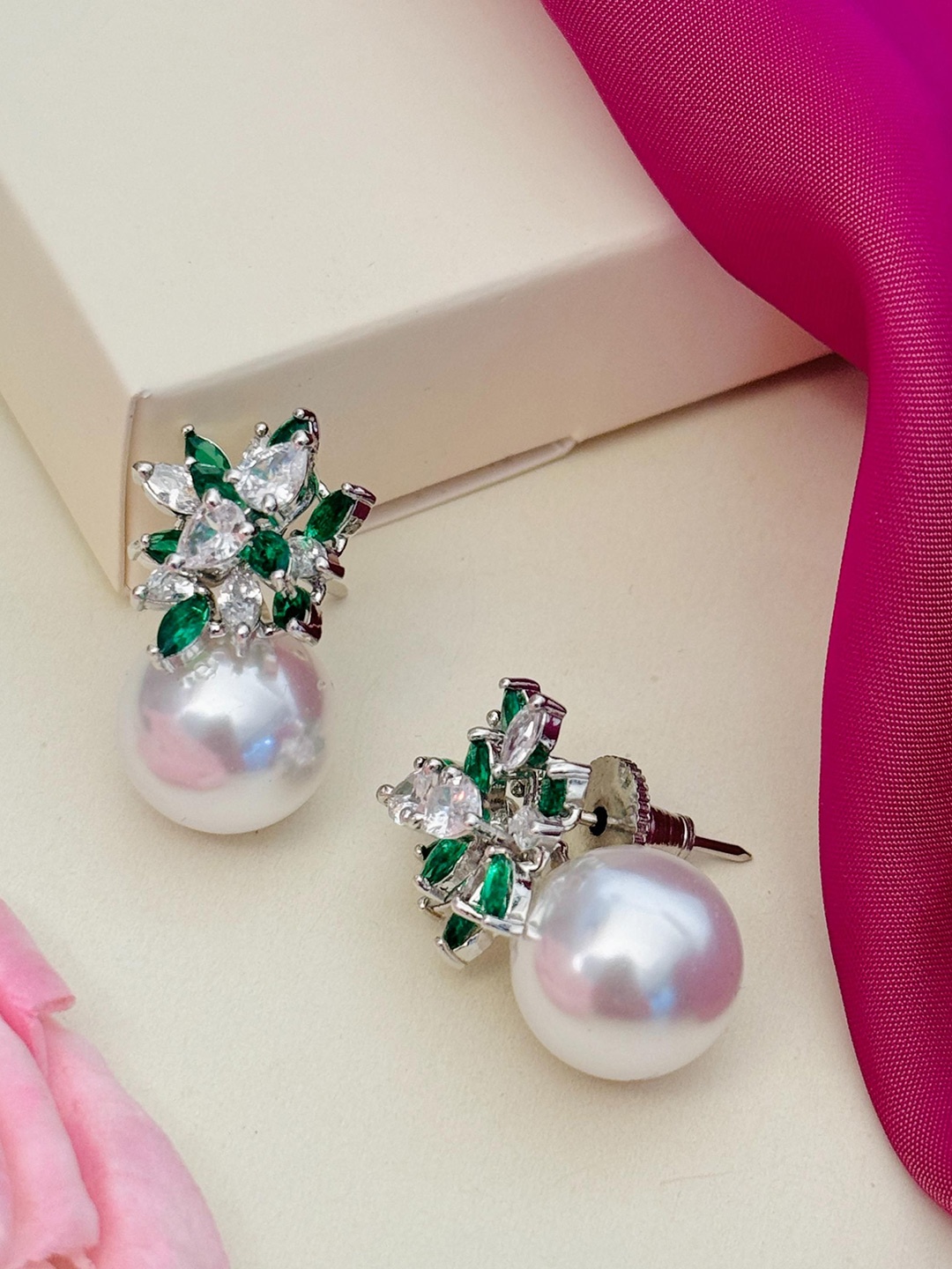 

ABDESIGNS Silver Plated American Diamond Studded Classic Studs Earrings