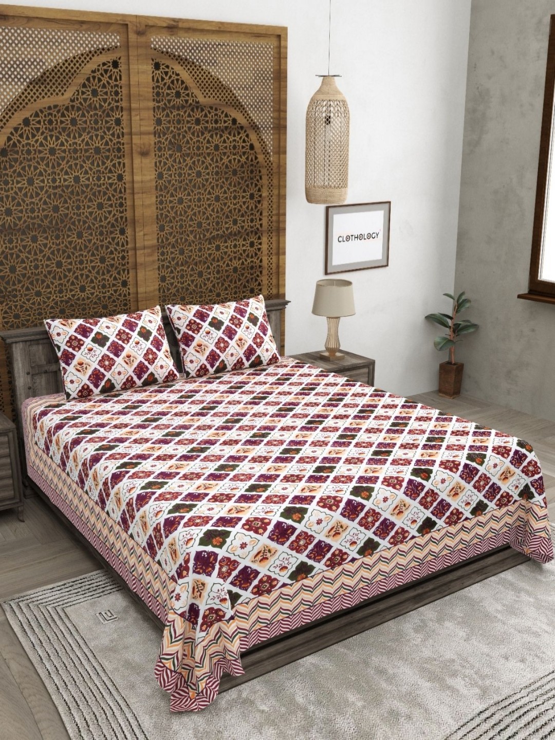

CLOTHOLOGY Cream-Coloured Printed Pure cotton 180 TC King Bedsheet Set 2.75 x 2.25 m