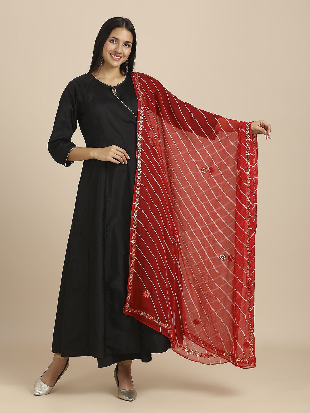 

Dupatta Bazaar Embroidered Leheriya Chiffon Dupatta with Gotta Patti, Red