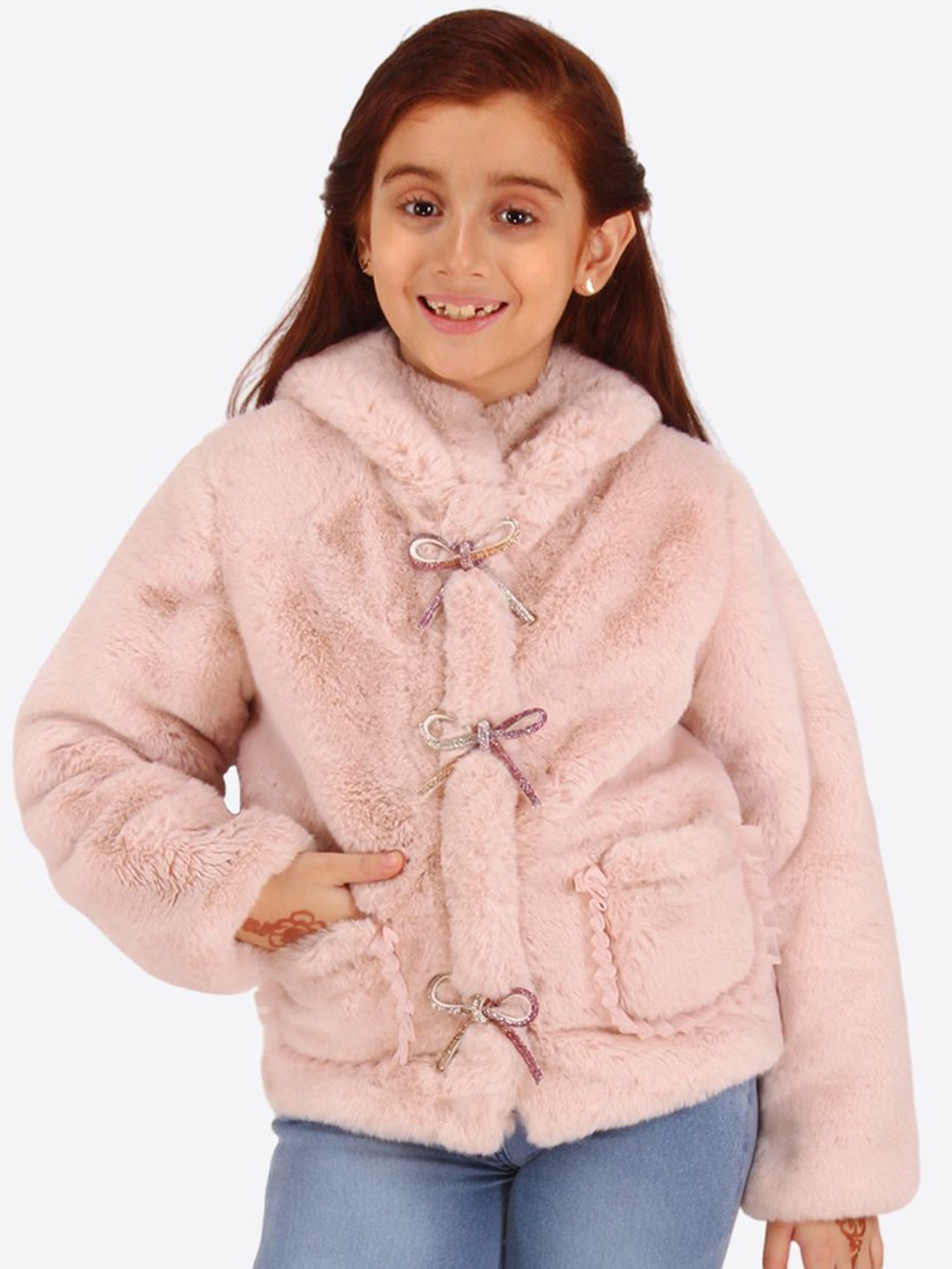 

CUTECUMBER Girls Hooded Solid Faux Fur Casual Parka Jacket, Pink