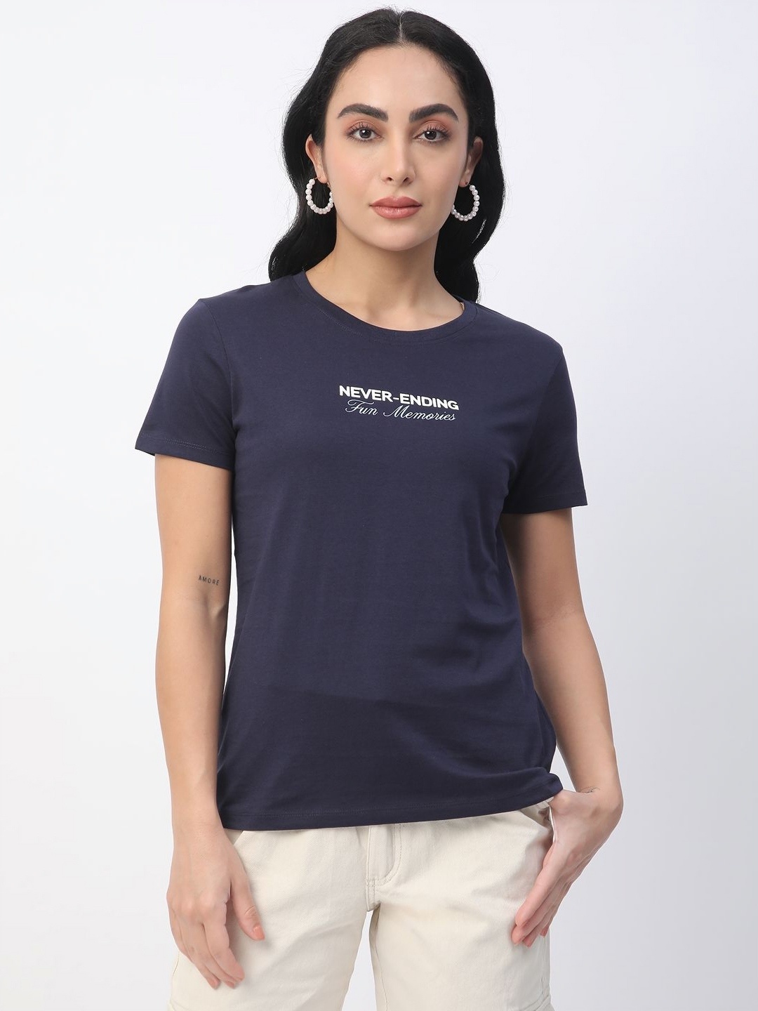

R&B Women Typography Printed Round Neck Cotton T-shirt, Blue