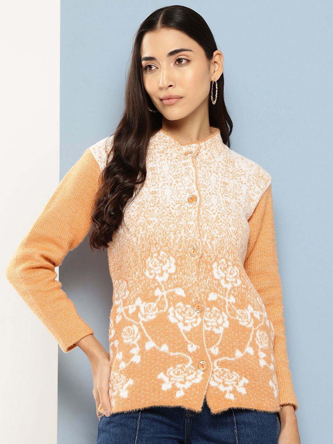 

BAESD Women Floral Woollen Cardigan, Beige