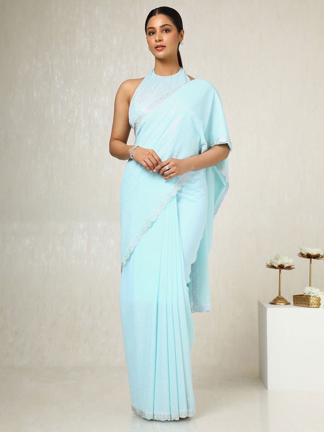 

Soch Embellished Sequinned Pure Georgette Saree, Turquoise blue