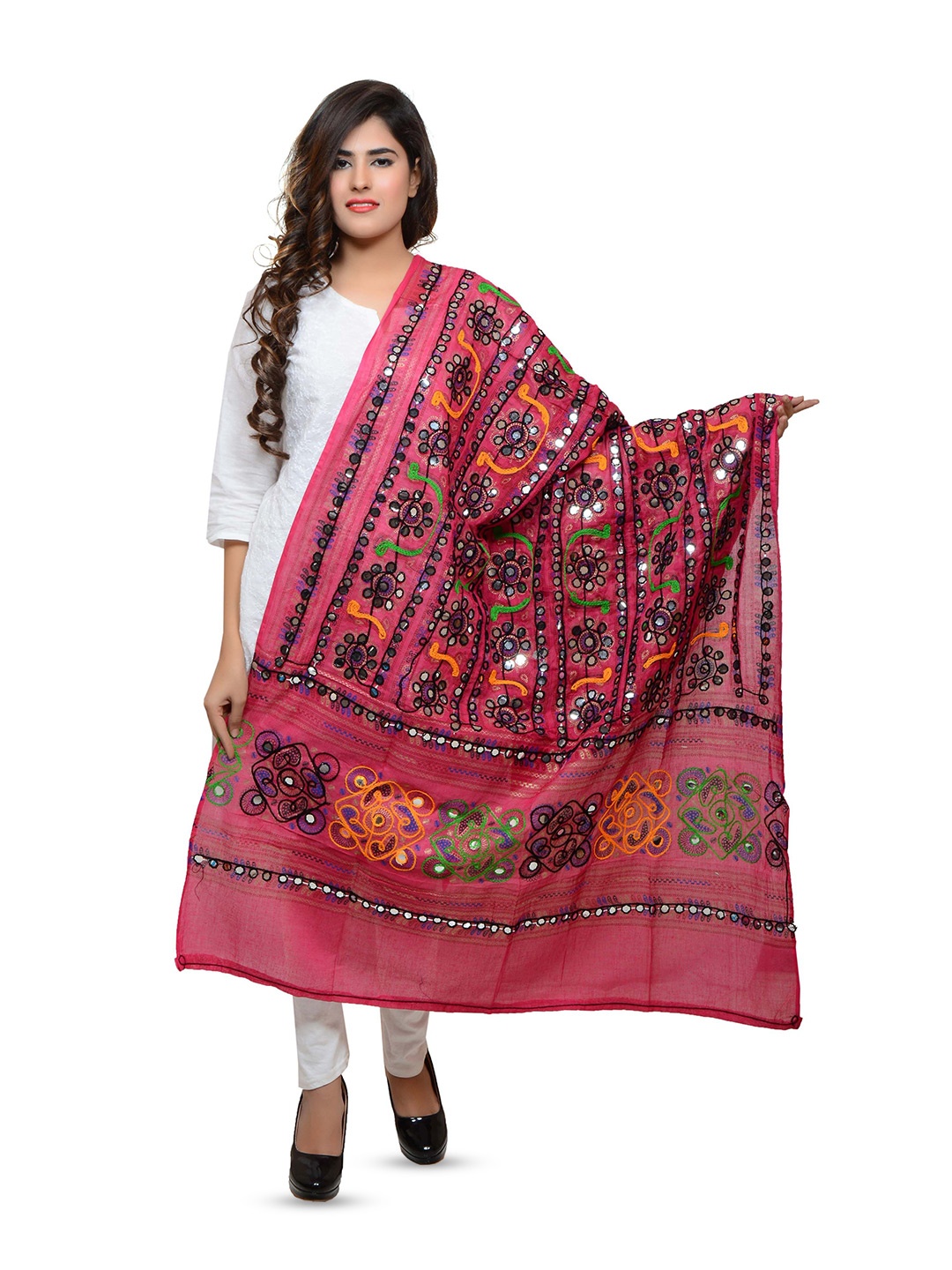 

BANJARA INDIA Embroidered Dupatta with Thread Work, Pink