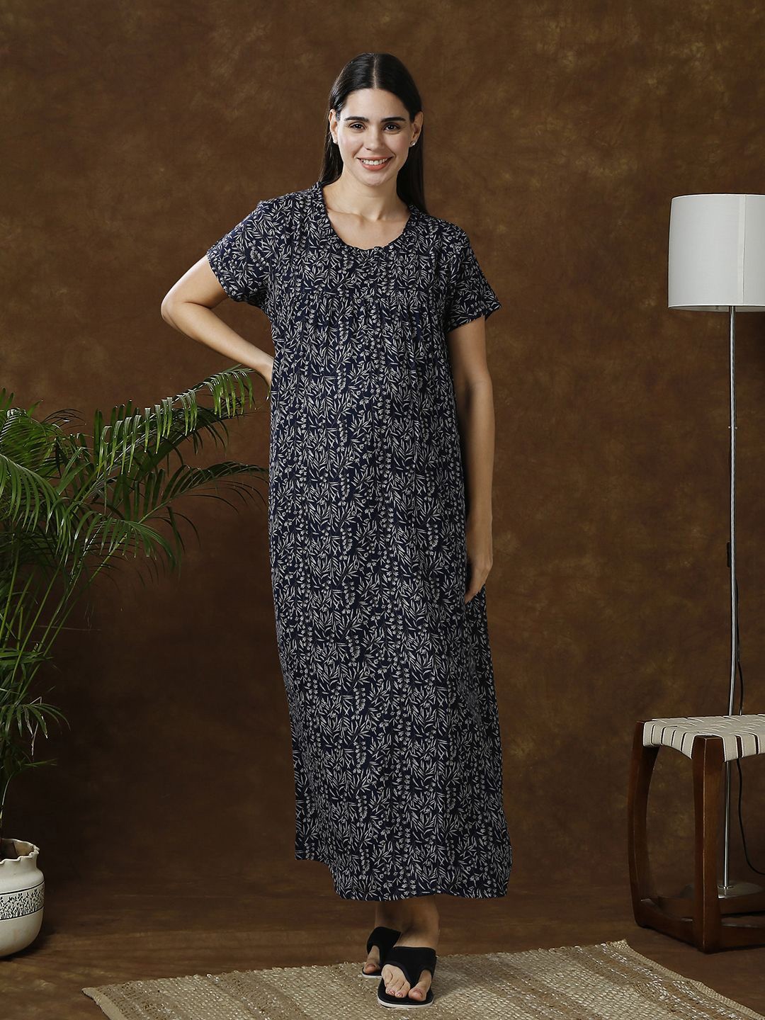 

MomToBe Women Printed Maxi Nightdress, Navy blue
