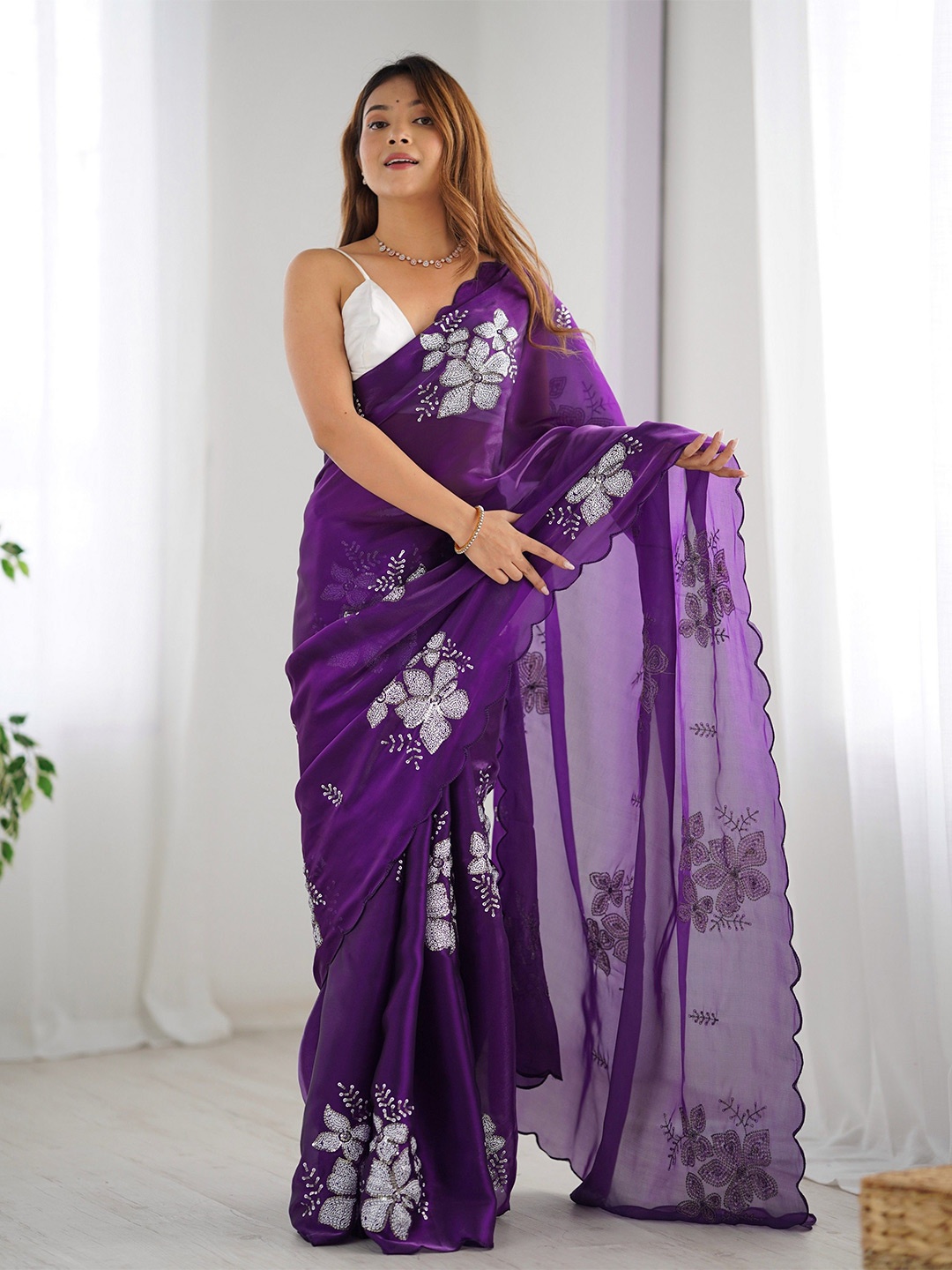 

KSM PRINTS Embellished Sequinned Satin Saree, Purple