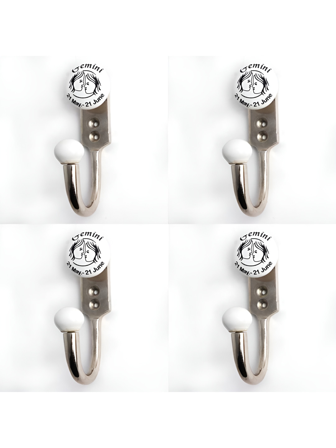 

IndianShelf White & Silver Toned 4 Pieces Gemini Zodiac Printed Wall Hooks