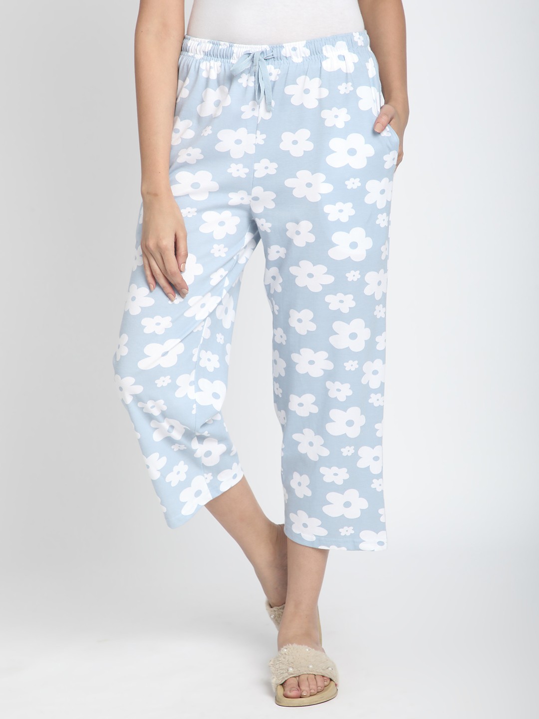

R&B Women Mid-Rise Cotton Printed Straight Lounge Pants, Blue