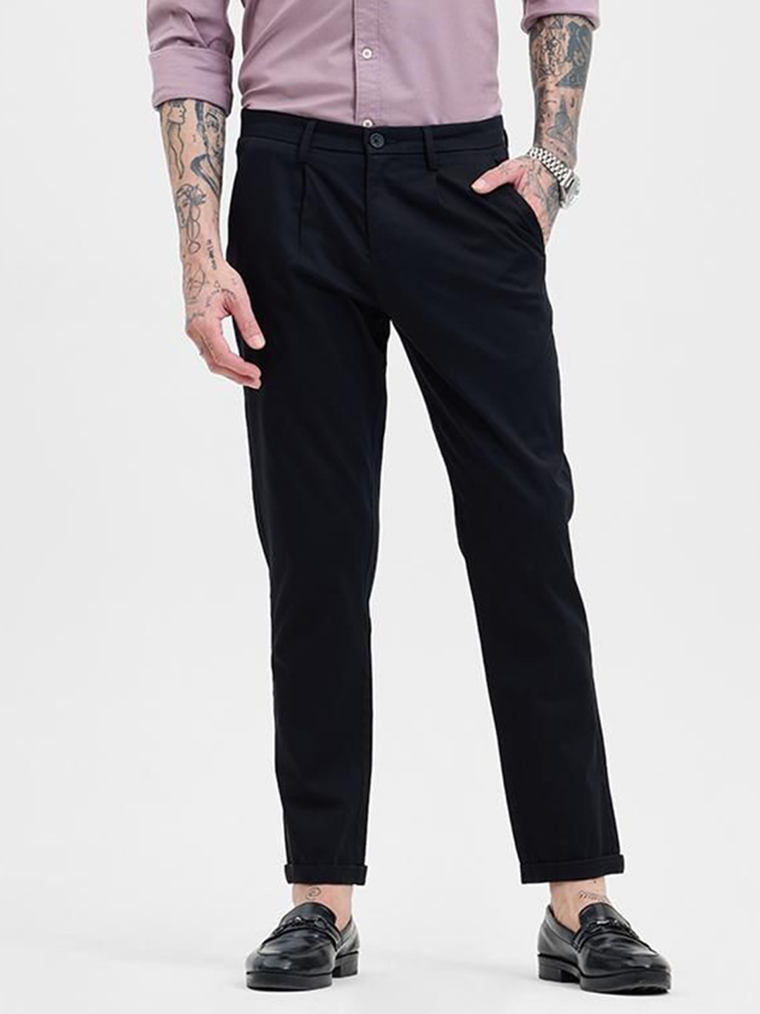 

Snitch Men Smart Slim Fit Pleated Trousers, Black