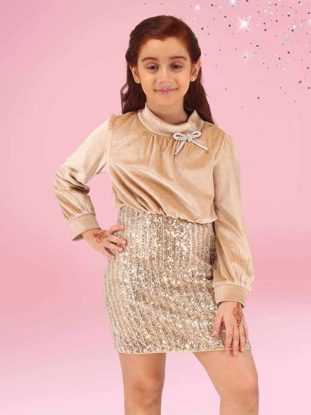 

CUTECUMBER Kids-Girls Embellished Sequin Applique Velvet Sheath Dress, Beige