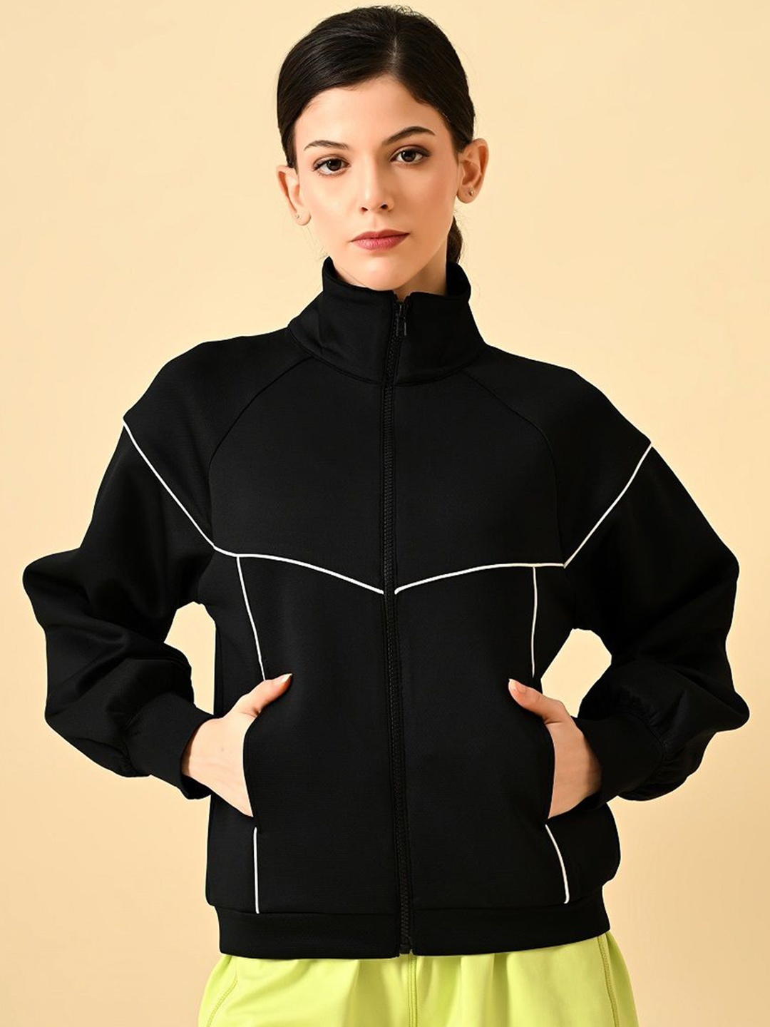 

PANDORNA Women Mock Collar Solid Casual Sporty Jacket, Black