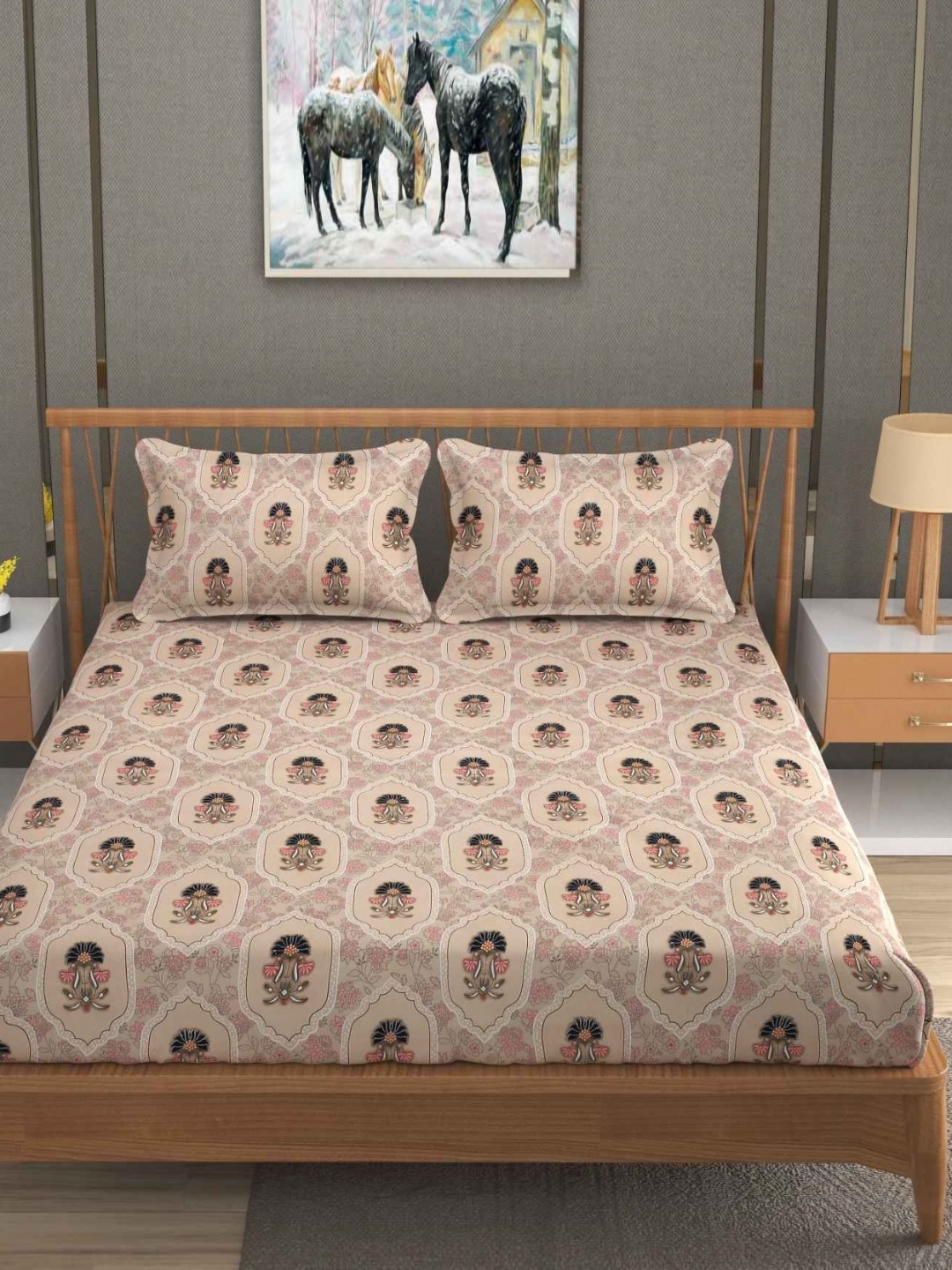 

YaAkholic Tan & Pink Floral 210 TC King Fitted Bedsheet Set- 1.9 M x 1.8 M