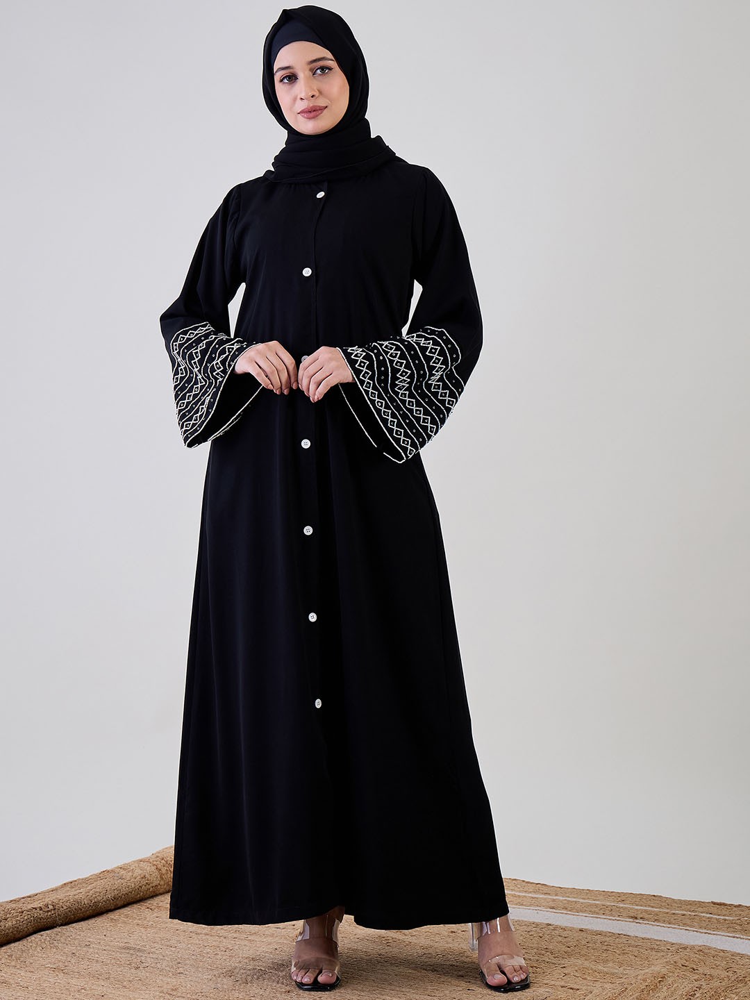 

NABIA Embroidered Work-Detailing Front Open Abaya With Scarf, Black