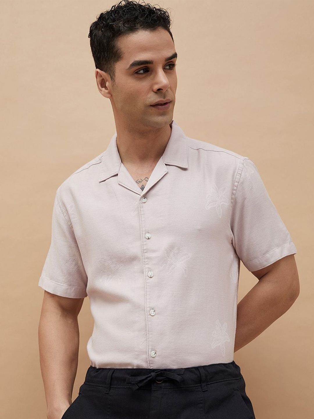 

CODE by Lifestyle Men Cuban Collar Textured Cotton Casual Shirt, Pink