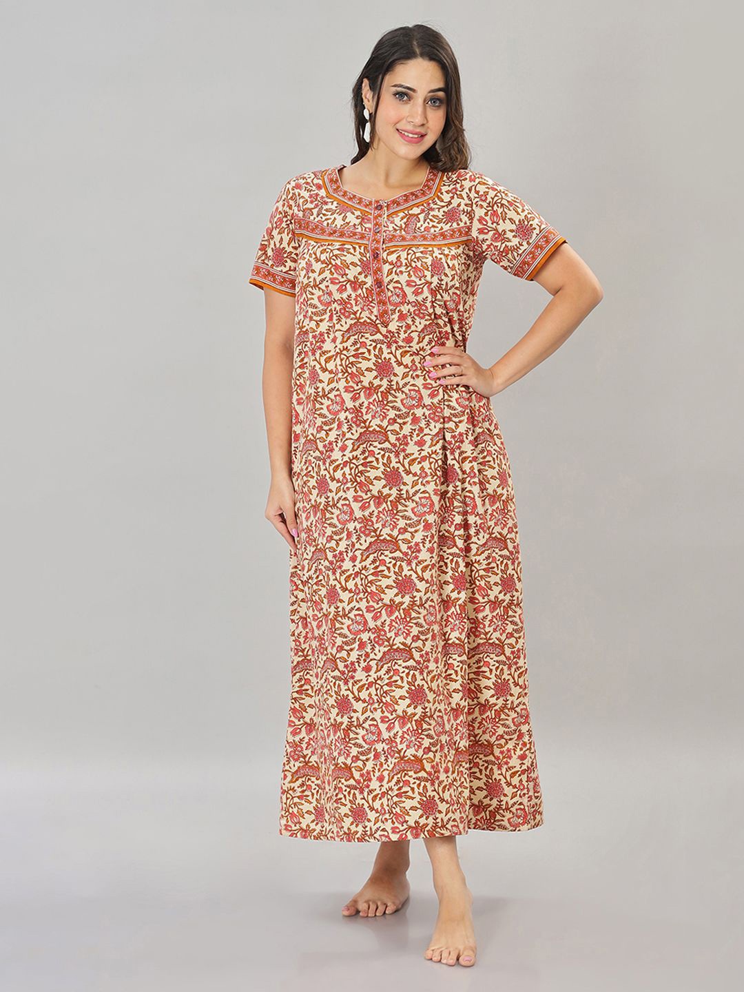 

NAIDU HALL Women Floral Printed Pure Cotton Maxi Nightdress, Mustard