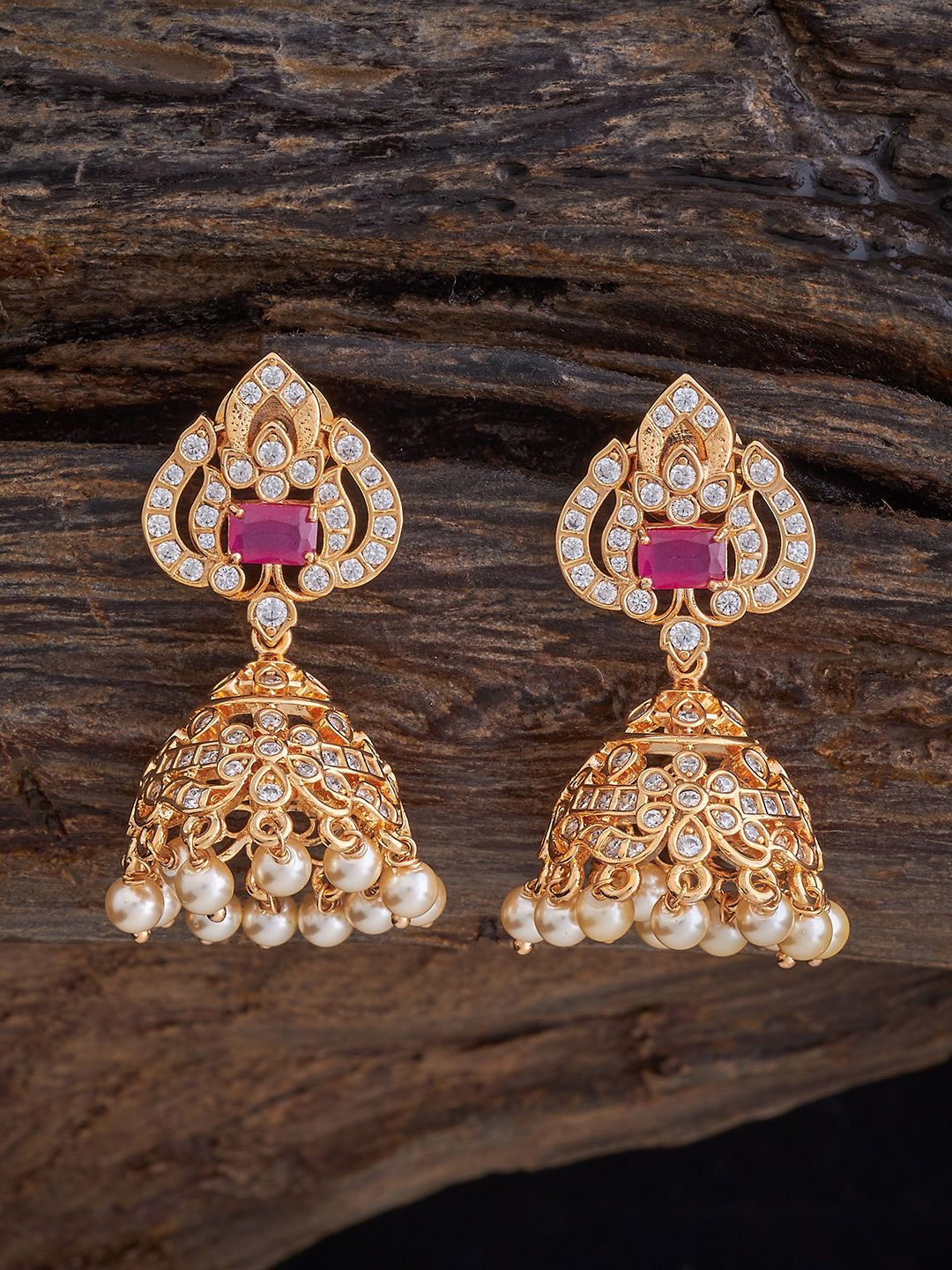 

Kushal's Fashion Jewellery Gold-Plated Zircon Studded Dome Shaped Jhumkas