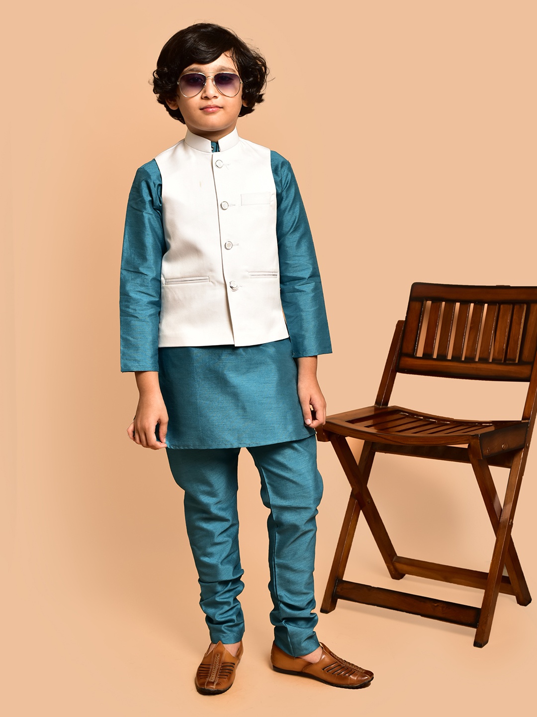 

PRINTINDIA Boys Band Collar Straight Kurta with Trouser & Nehru Jacket, Blue