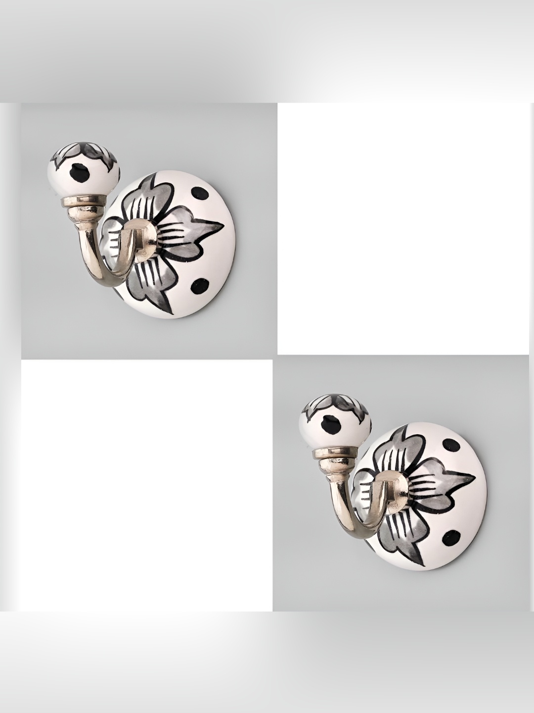

IndianShelf Black & Silver-Toned 2 Pieces Lisianthus Printed Ceramic Wall Hooks