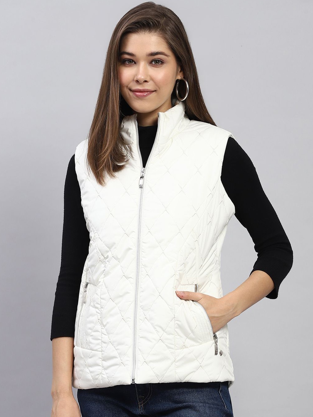 

Monte Carlo Women Mock Collar Solid Casual Quilted Jacket, White