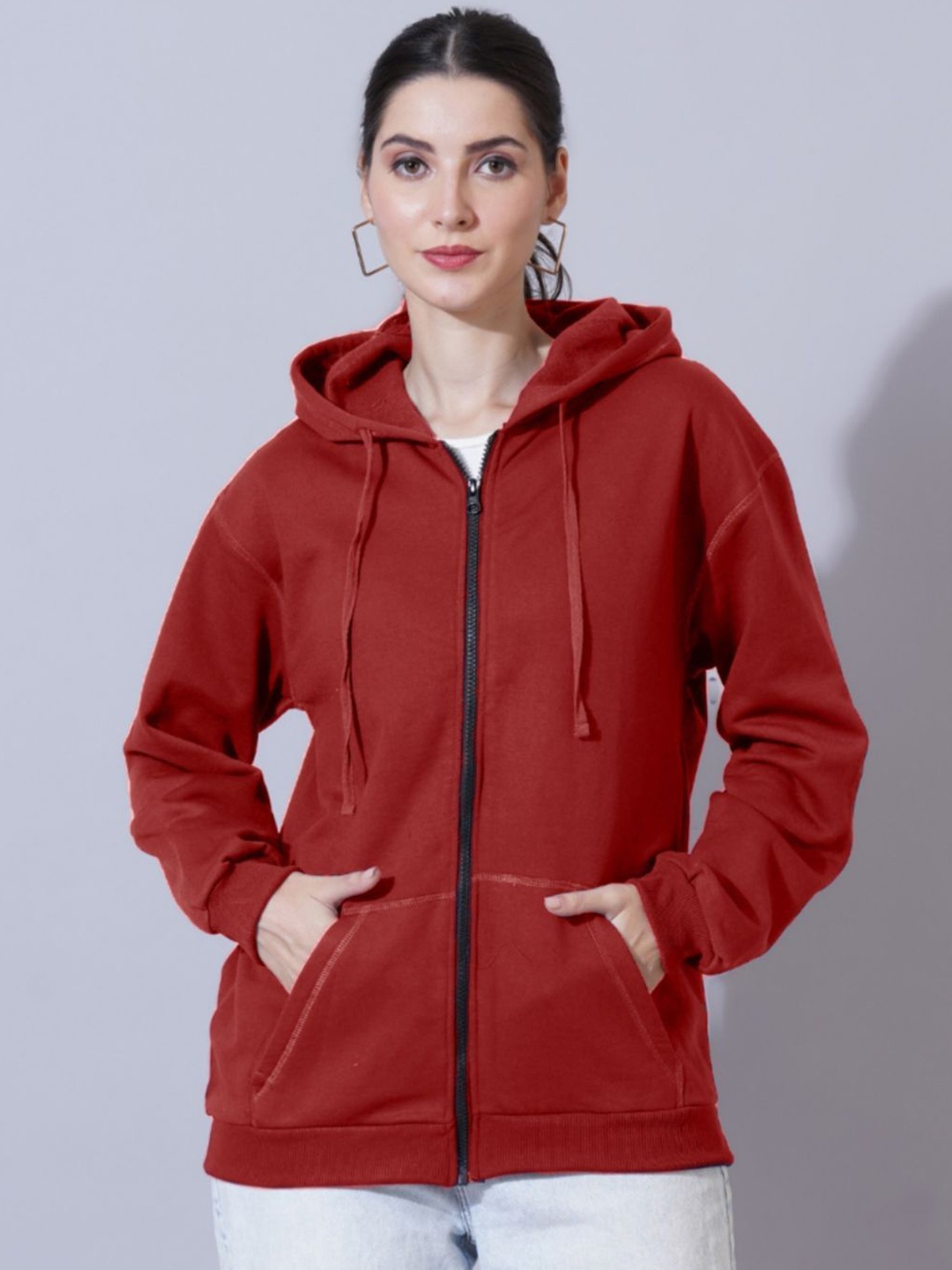 

U&F Women Hooded Front-Open Sweatshirt, Red