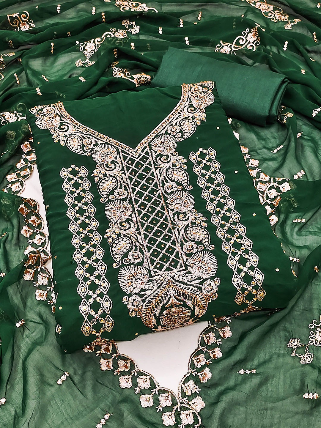 

Maroosh Floral Embroidered Beads and Stones Georgette Unstitched Dress Material, Green