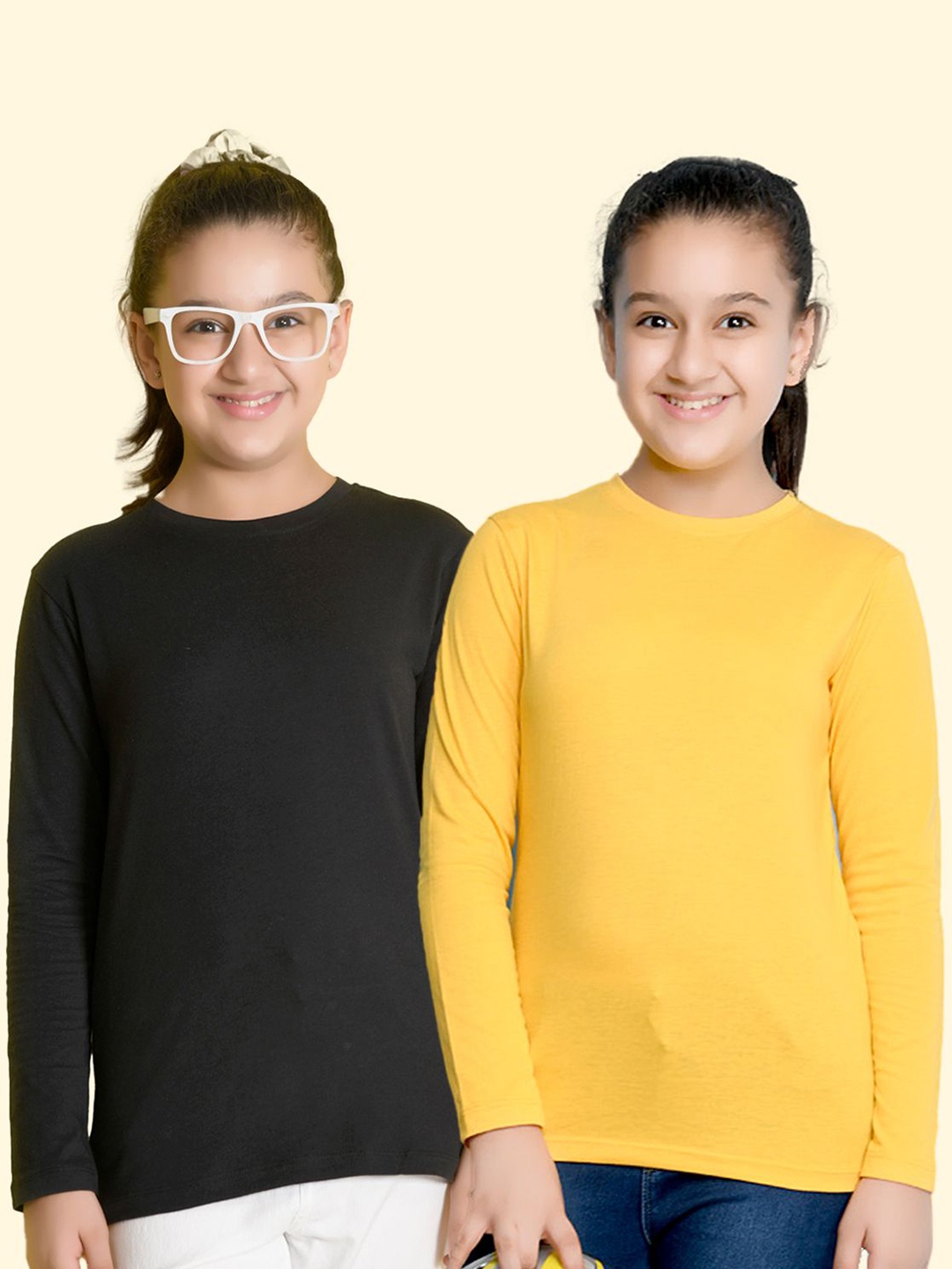 

NUSYL Pack Of 2 Girls Solid Round Neck Cotton T-shirts, Black