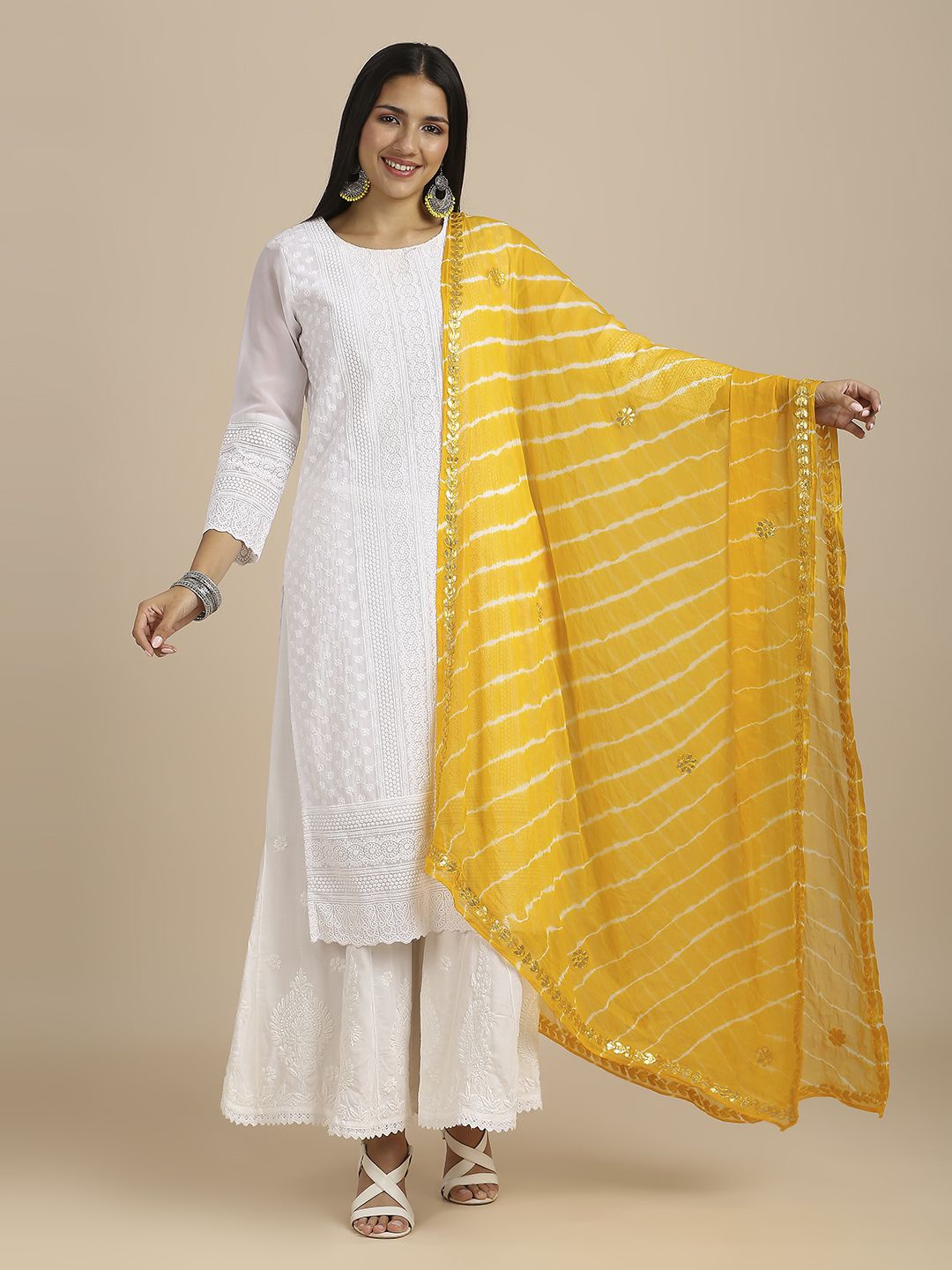 

Dupatta Bazaar Printed Leheriya Gotta Patti Dupatta, Yellow