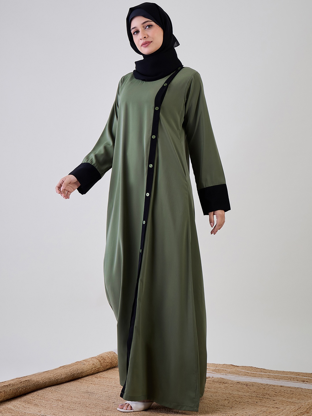 

NABIA Women Solid Front Open Abaya Burqa, Green