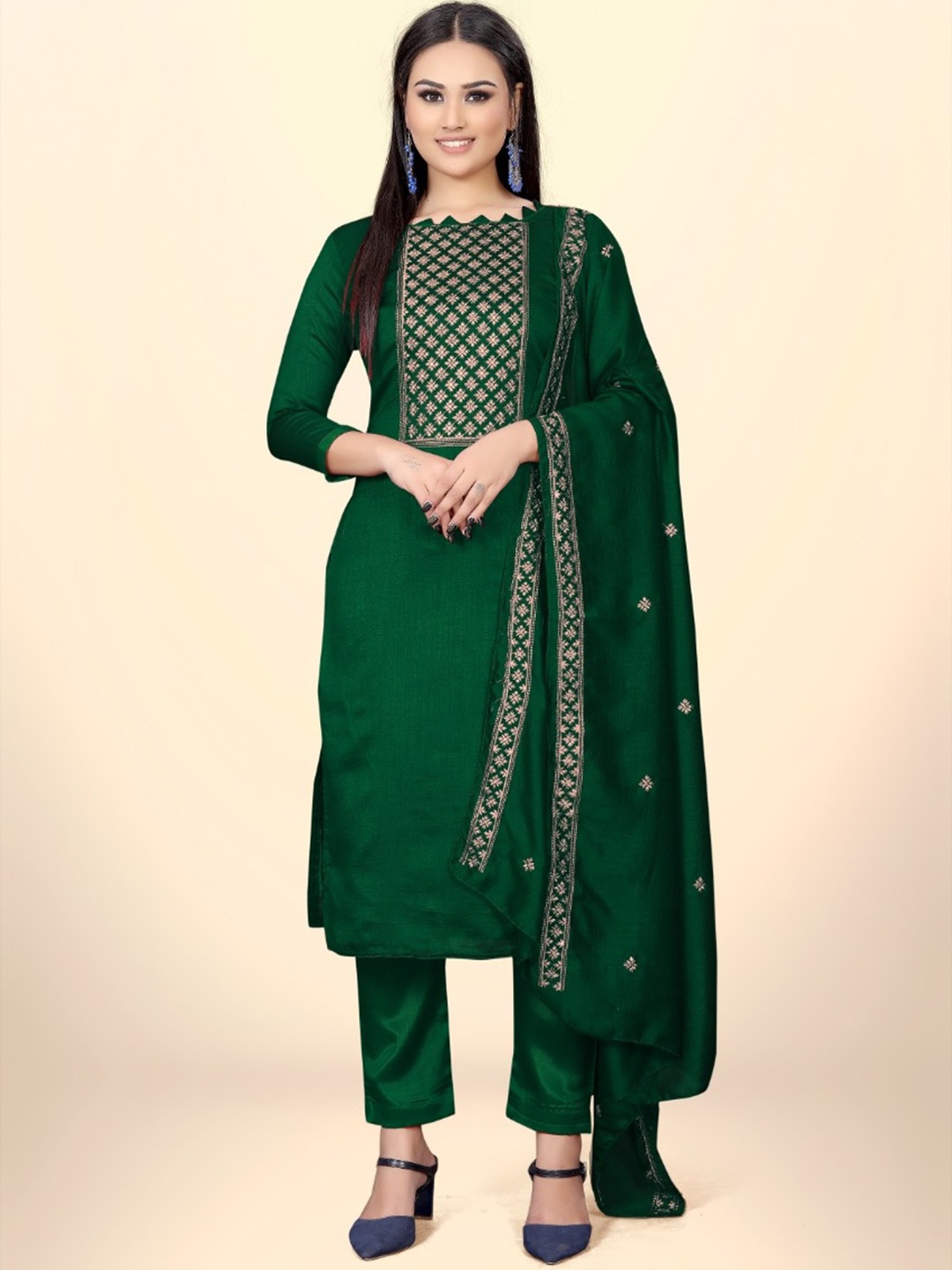 

LADY SHOPI Floral Embroidered Pure Silk Unstitched Dress Material, Green