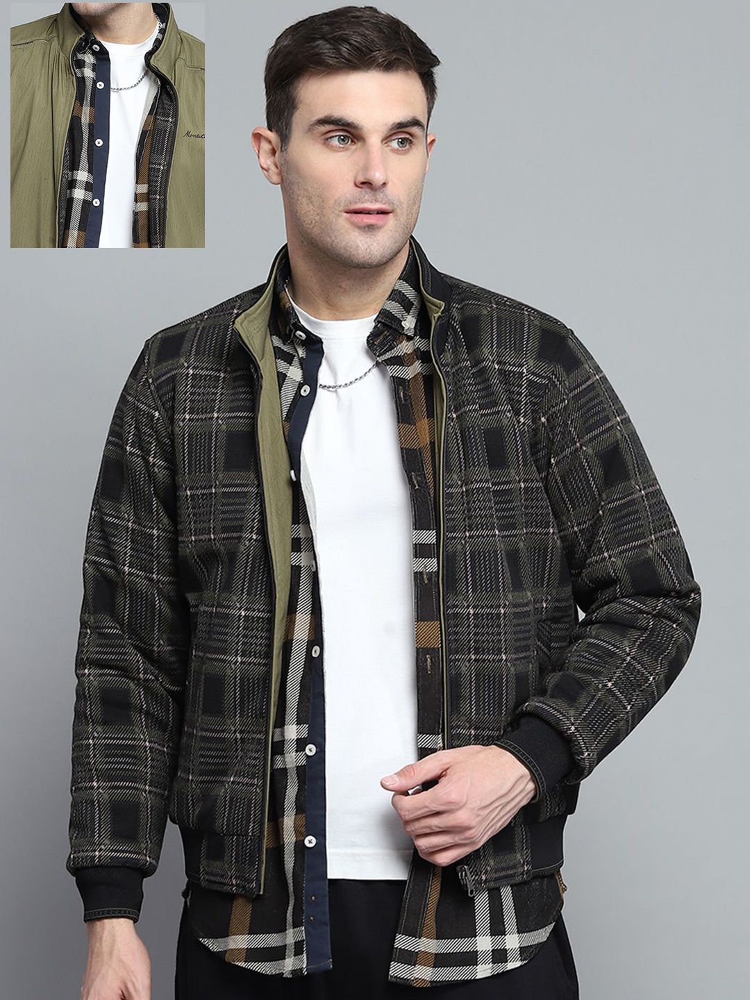 

Monte Carlo Men Mock Collar Solid Casual Bomber Reversible Jacket, Olive