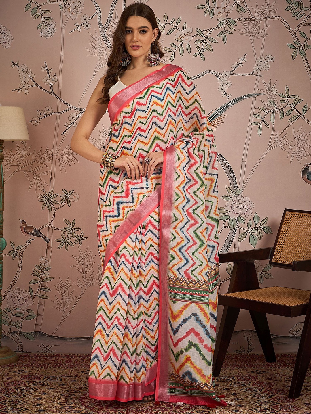 

KSM PRINTS Printed Woven Design Zari Saree, Off white