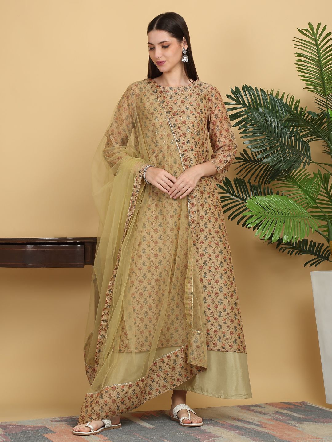 

KALINI Women Floral Printed Maxi Ethnic Dresses With Dupatta, Beige
